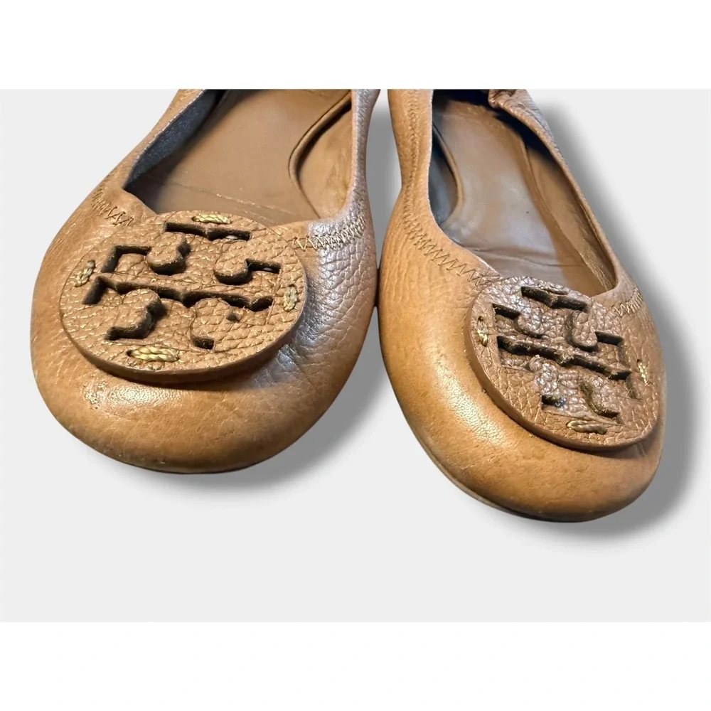 Tory Burch Minnie Ballet Flats Women 9.5M Tan Good Leather‎ Logo Travel Flat